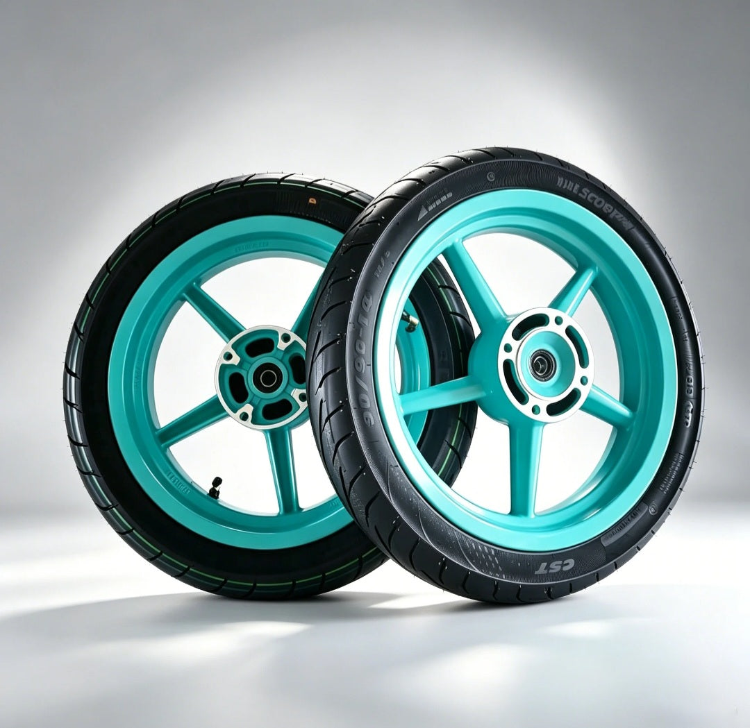 Blue Projekt46 14-inch supermoto wheel and tire set