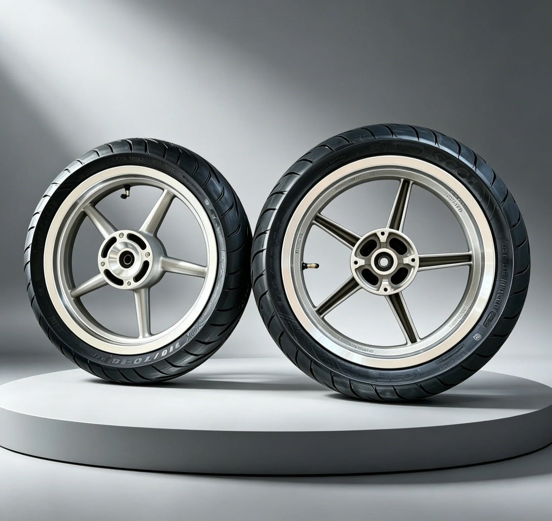 Bronze Projekt46 14-inch supermoto wheel and tire set