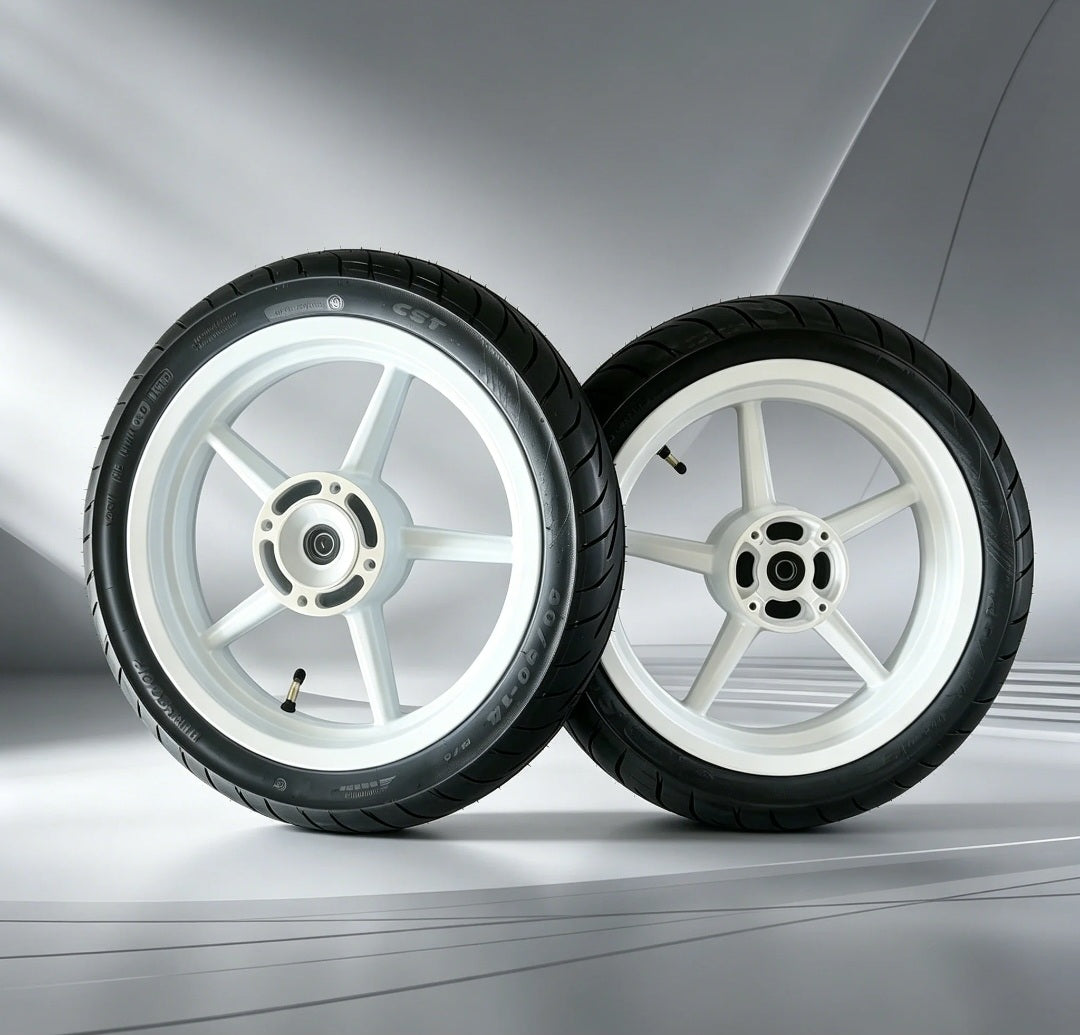 Factory White Projekt46 14-inch supermoto wheel and tire set