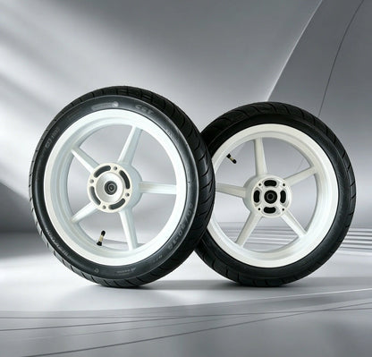 Factory White Projekt46 14-inch supermoto wheel and tire set