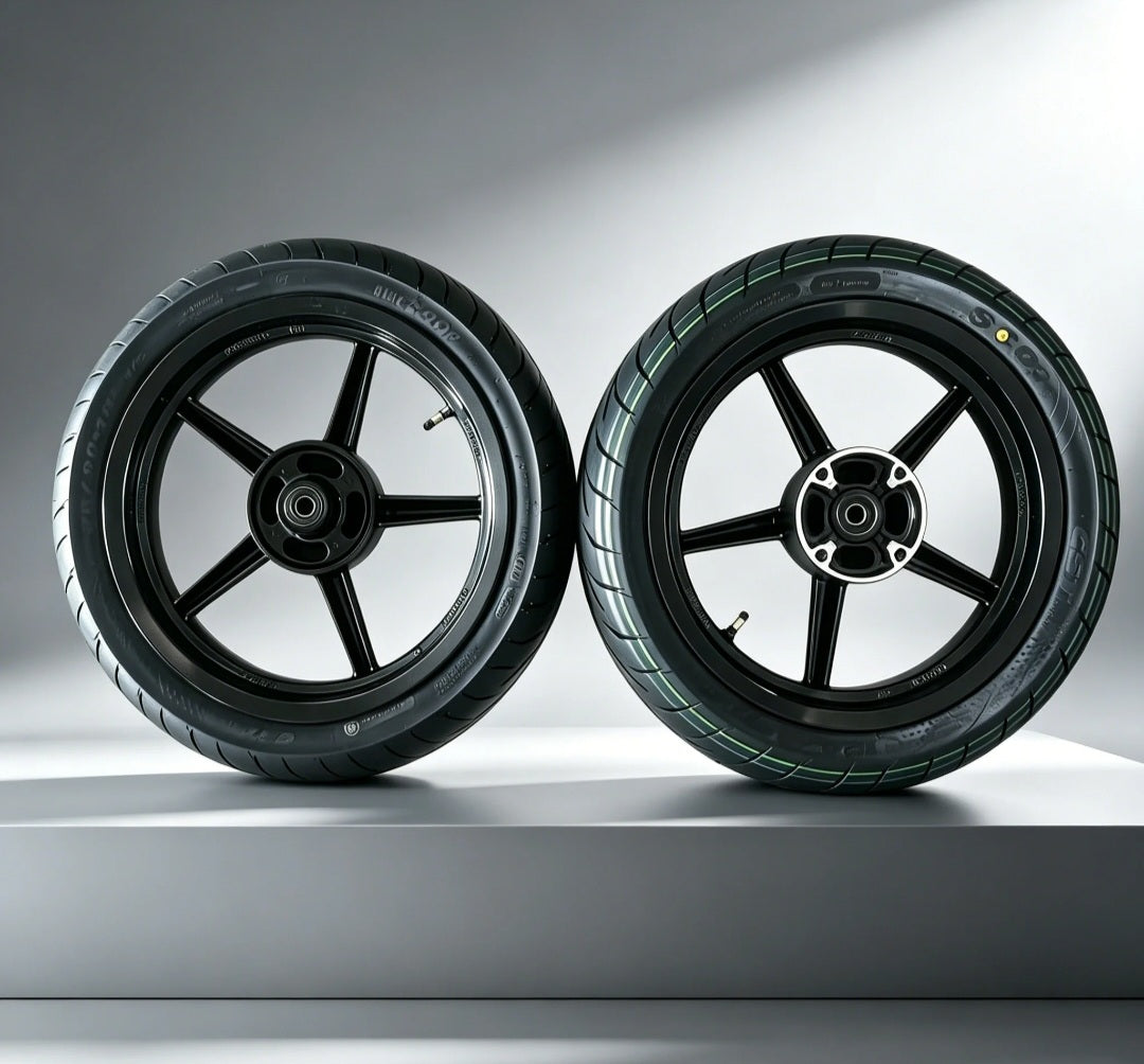 Stealth Black Projekt46 14-inch supermoto wheel and tire set